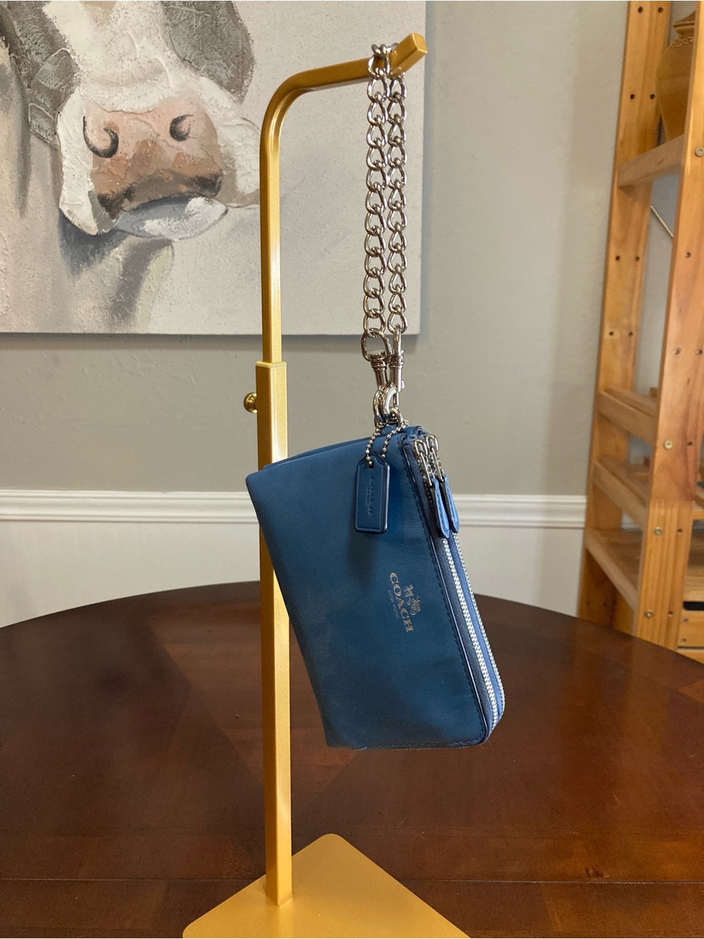 Coach Double L-Zip Teal Blue Full-Grain Leather Wristlet - Picture 2 of 16